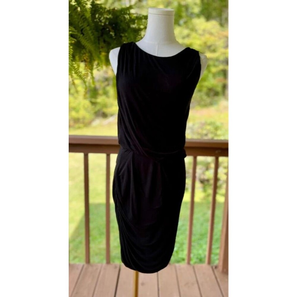 Heather Black Draped Ruched Midi Dress Size M Made in USA